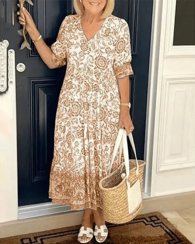 Women's Floral Tiered Midi Dress with V-Neck