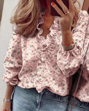 Women's Ruffle V-Neck Blouse with Gathered Cuffs