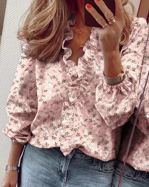 Women's Ruffle V-Neck Blouse with Gathered Cuffs