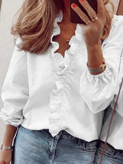 Women's Ruffle V-Neck Blouse with Gathered Cuffs