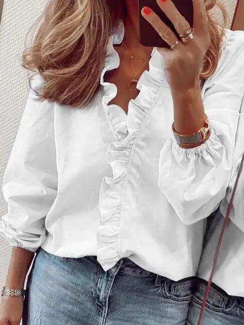 Women's Ruffle V-Neck Blouse with Gathered Cuffs