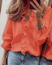 Women's Ruffle V-Neck Blouse with Gathered Cuffs