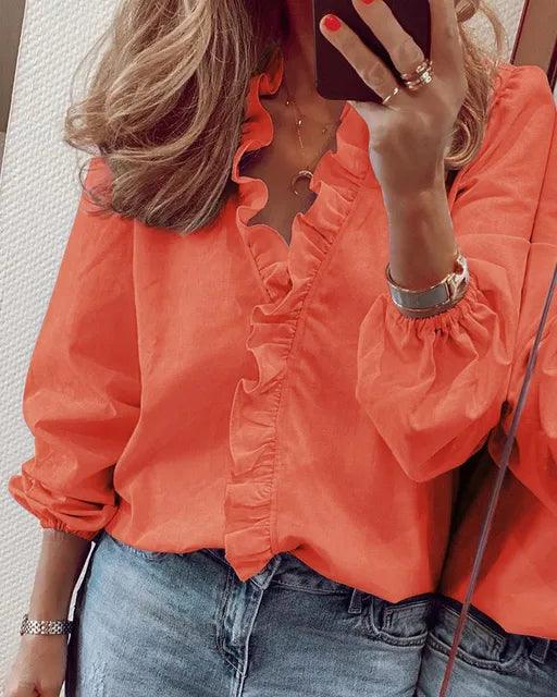 Women's Ruffle V-Neck Blouse with Gathered Cuffs