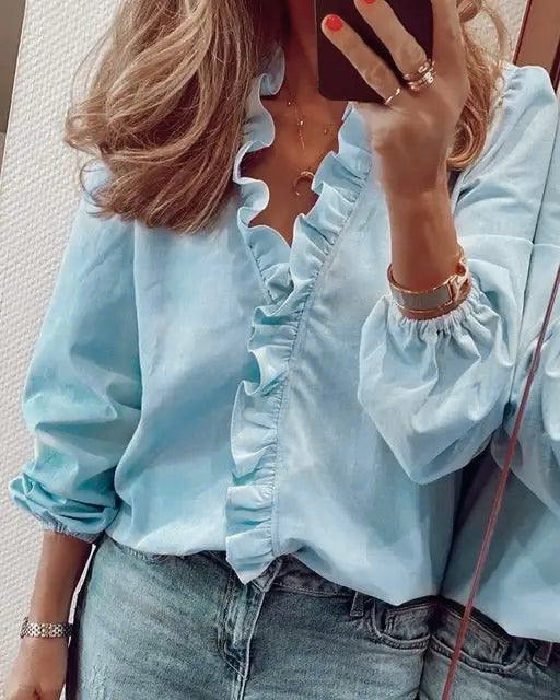 Women's Ruffle V-Neck Blouse with Gathered Cuffs